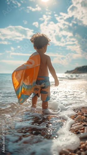  Medium shot of a child s first encounter with the sea vibrant beach towel in hand