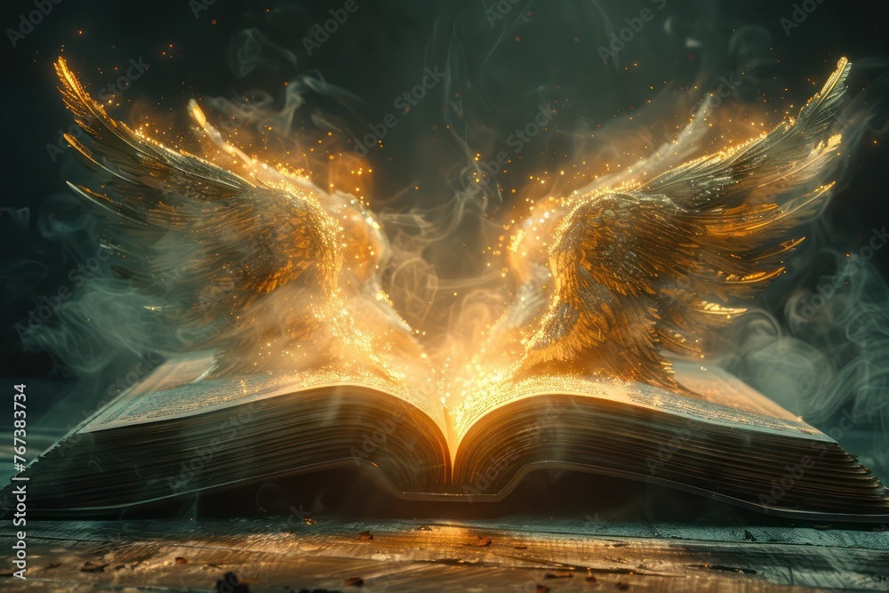  Medium shot of a 3D-rendered open book with pages morphing into angel wings illuminated by celestial - obrazy, fototapety, plakaty 