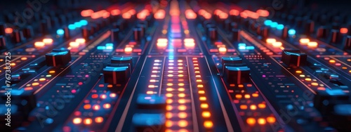 Medium shot of a 3D-rendered soundboard with dynamic neon lights photo