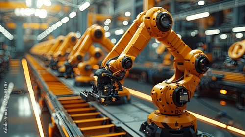 Futuristic industry 4 0 factory floor with robots and IoT devices seamlessly integrating, optimizing production
