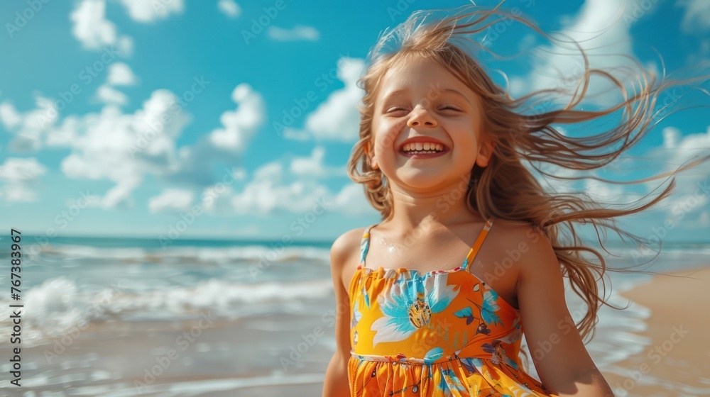  Kid in a vibrant summer dress dancing on the beach freedom of vacation
