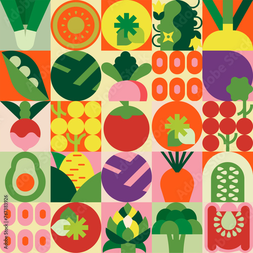 Seamless pattern of vegetables. Geometric and minimalist style. Great for backgrounds, cards, posters, banners, textile prints, covers, web design.