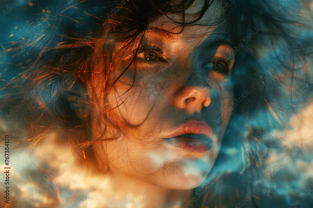 Double exposure medium shot combining a woman with a summer thunderstorm dramatic Double exposure medium shot combining a woman with a summer thunderstorm dramatic