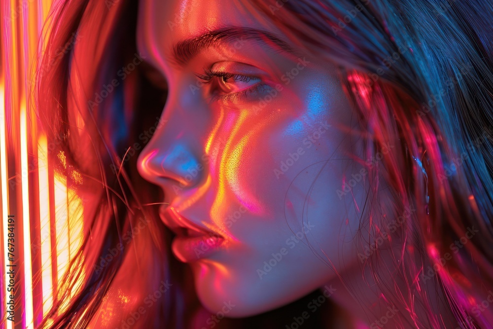  Close-up of glowing neon reflections on a woman s hair as she uses a straightener