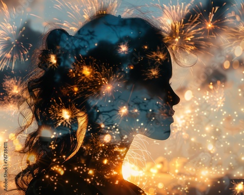  Double exposure of a woman s silhouette against a backdrop of summer fireworks celebration photo