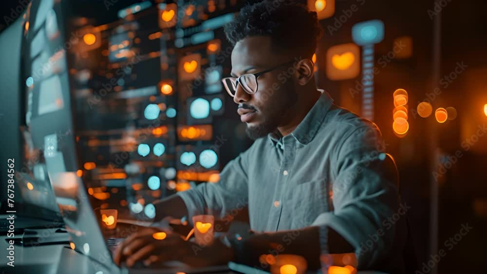 A handsome short black american project manager working on a computer in the office Augmented Reality social media icons appear on employees' laptops,generative ai A handsome short black american project manager working on a computer in the office Augmented Reality social media icons appear on employees' laptops,generative ai