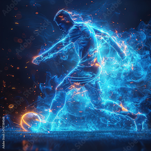Soccer player kicks the ball. Design of clothes, albums, notebooks. Sports banners © Irina