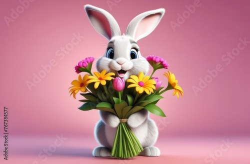 A small friendly rabbit stands on its hind legs and holds a large bouquet of flowers. © Марина Веретенникова