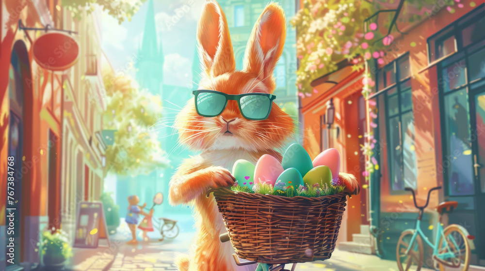 A red rabbit delivers Easter eggs in a basket, delivering them around the city by express delivery - obrazy, fototapety, plakaty 