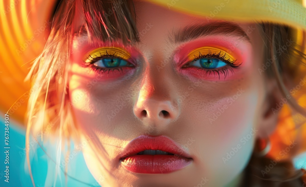 Close-up of a fashion-forward woman with neon eyeshadow Close-up of a fashion-forward woman with neon eyeshadow