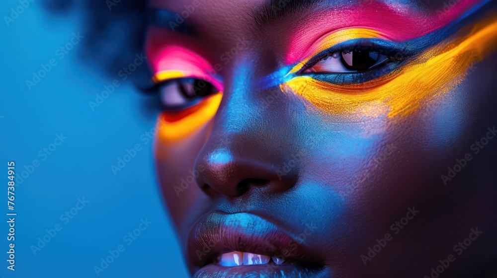 Close-up of a fashion-forward woman with neon eyeshadow Close-up of a fashion-forward woman with neon eyeshadow