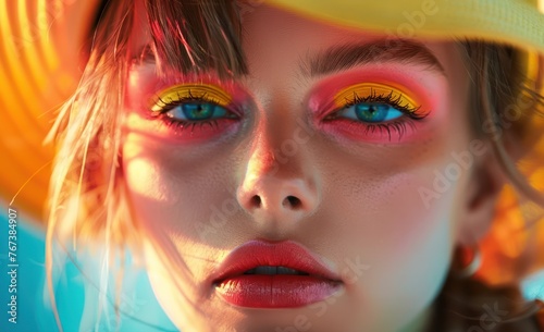  Close-up of a fashion-forward woman with neon eyeshadow