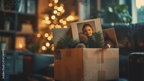  Close-up of a family photo being placed on top of other belongings in a cardboard box on an office chair under soft