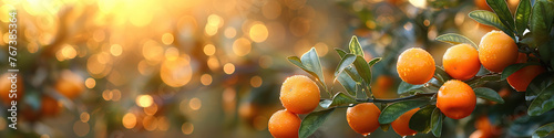 ripe orange tangerines growing on tree branches on plantation with sunlight close-up