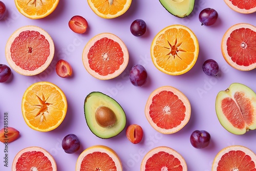 Pattern of ripe slices of different berries on purple background