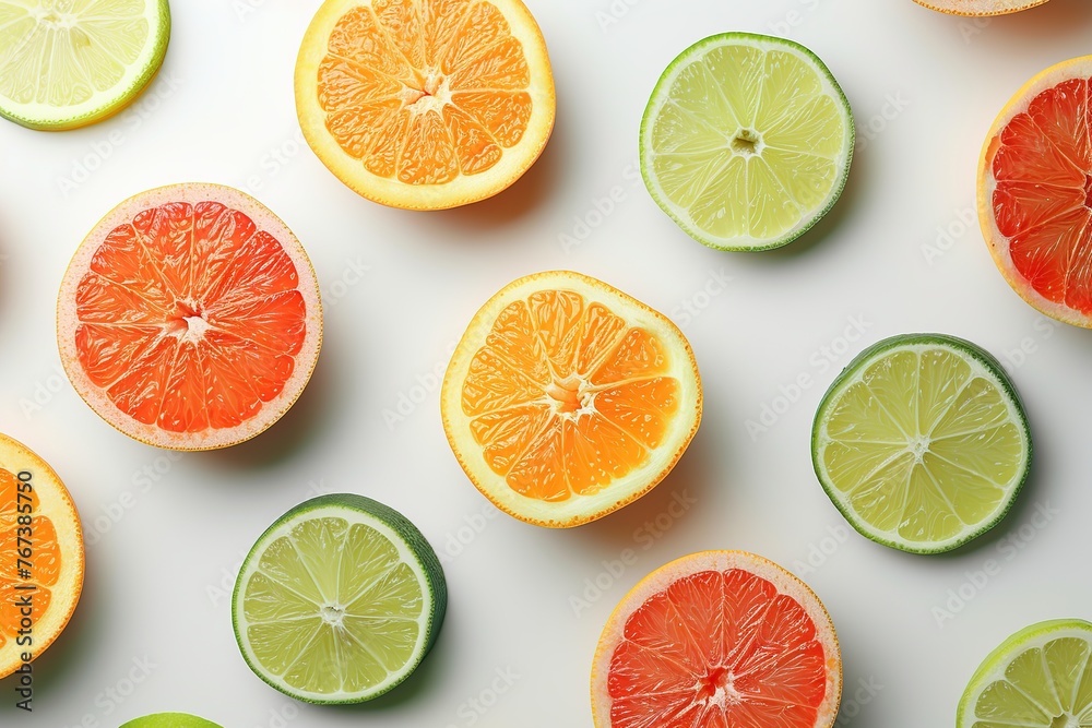 Pattern of ripe slices of citrus fruits on white background Pattern of ripe slices of citrus fruits on white background