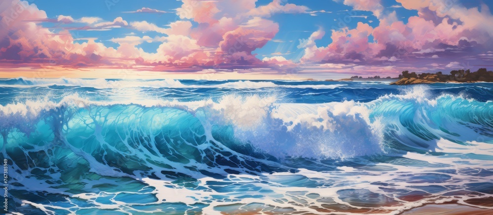 An art piece capturing the fluid motion of waves crashing on a beach under the sunset sky, blending water with the natural landscape