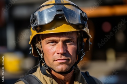 Portrait of a confident fireman with yellow safety helmet © firax