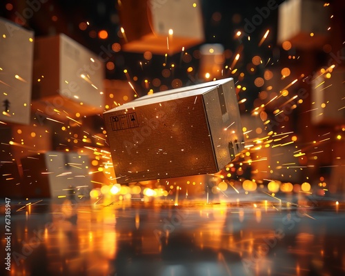  3D render of a parcel leaping over obstacles close-up photo