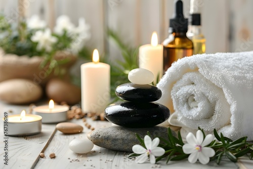 Creating a Relaxing Spa Atmosphere with Towels, Candles, Essential Oils, Massage Stones, and Natural Creams on a Light Wooden Background. Concept Spa Essentials, Relaxation Setup, Natural Skincare