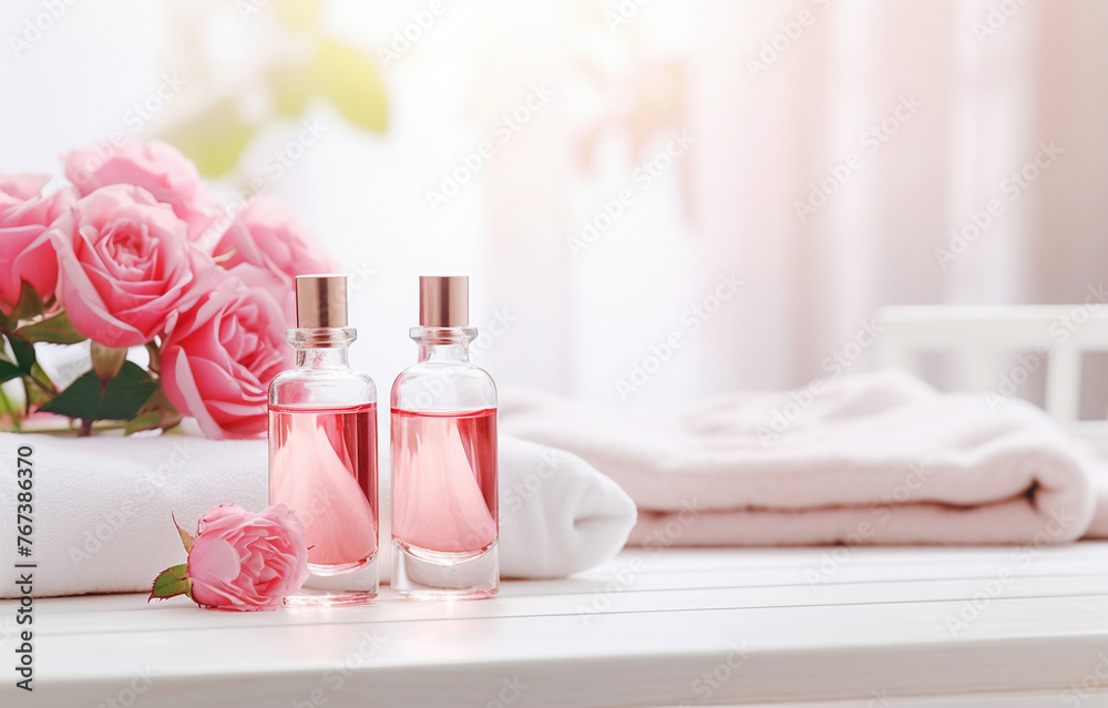 Bottles of essential rose oil and flowers on wooden table Bottles of essential rose oil and flowers on wooden table