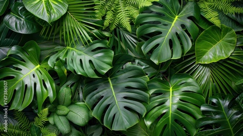 Tropical Greenery Backdrop with Monstera, Palm, Fern and Ornamental Plants - Nature Inspired Background for Design and Decor