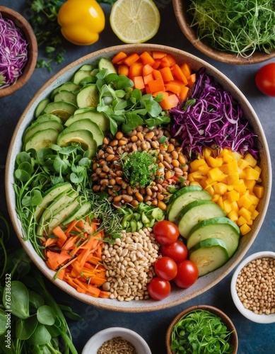 Top view of a colorful and nutritious vegan Buddha bowl filled with a variety of fresh vegetables and grains on a textured table