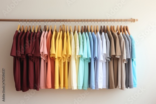 Pastel-colored t-shirts hanging on hangers against white wall in minimalist display