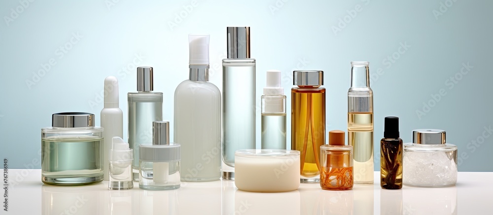 There are various styles and shapes of cosmetic bottles arranged on a flat surface There are various styles and shapes of cosmetic bottles arranged on a flat surface