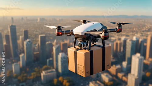 drone flies with a box over the city