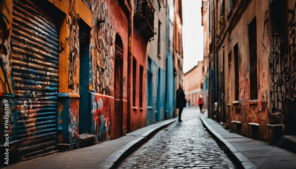 A colorful urban alleyway showcasing vibrant street art and a solitary figure walking away, creating a contrast between art and solitude
