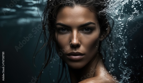 Portrait of a beautiful young woman underwater, Portrait of a beautiful young woman underwater, close-up. AI generated © pobaralia