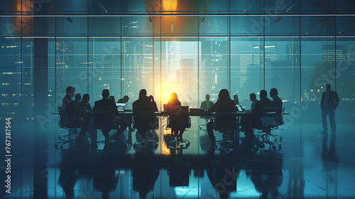 Silhouettes of business people in modern conference room. 3D rendering. AI.