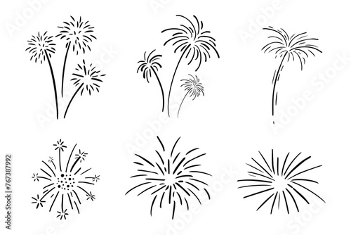 Set fireworks doodle line explosion radial sparkler with rays, hand drawn firecrackers simple and round decoration isolated on white background.