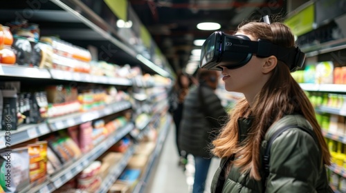 beautiful girl shopping with virtual reality glasses in a supermarket in high resolution and high quality hd