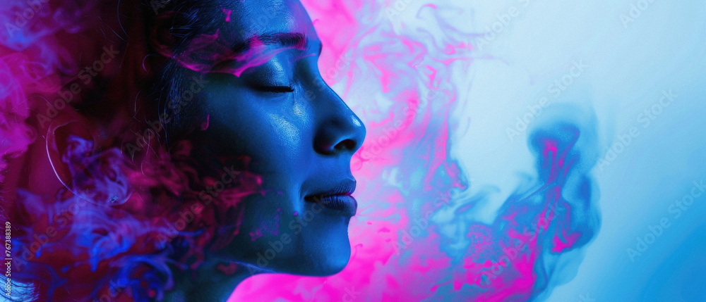 A woman with a purple and blue face is surrounded by smoke