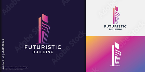 future building logo design inspiration. futuristic building with modern gradient color branding.
