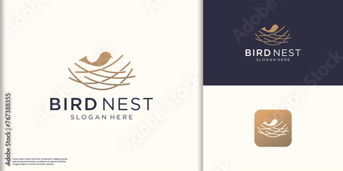 Simple and minimal bird nest icon logo line illustration, symbol bird house logo Vector template