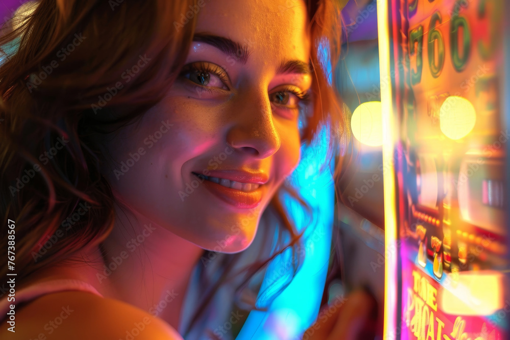 close-up of a beautiful woman at a casino, her face illuminated by the soft light of the slot machines. close-up of a beautiful woman at a casino, her face illuminated by the soft light of the slot machines.