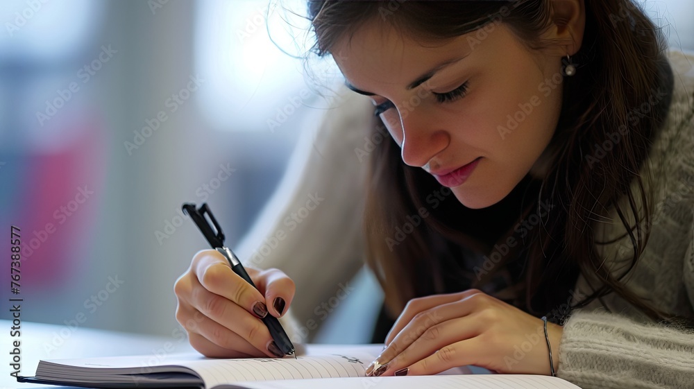 a young woman engrossed in writing in a notebook with a pen at her desk, with a focus on her hand and the paper document, offering ample copy space for text message or information. a young woman engrossed in writing in a notebook with a pen at her desk, with a focus on her hand and the paper document, offering ample copy space for text message or information.