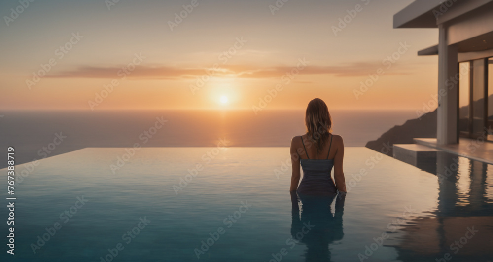 Female model standing in an infinity pool and watching sunset - Generative AI