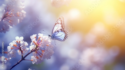Beautiful flower buds with butterfly on a soft blurred background. Spring and summer in nature. Gentle romantic dreamy artistic image concept.