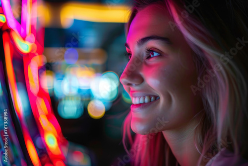 Wallpaper Mural close-up of a beautiful woman at a casino, her face lit up with the thrill of the game as she plays at the slot machines. Torontodigital.ca