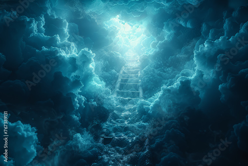 A ladder reaching down from a cloud, offering a way out of despair. Concept of divine intervention. Generative Ai.