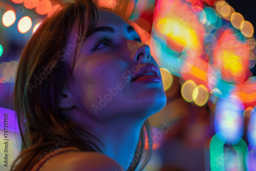 close-up of a beautiful woman at a casino, her face lit up with the thrill of the game as she plays at the slot machines.