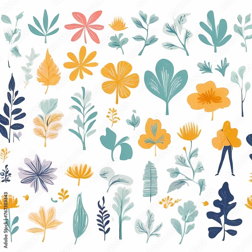 A collection of seamless pattern, colorful abstract plants and flowers. Hand drawn Collection of leaves and flowers. A close up of a pattern of flowers and leaves.
A collection of seamless pattern, colorful abstract plants and flowers. Hand drawn Collection of leaves and flowers. A close up of a pattern of flowers and leaves.