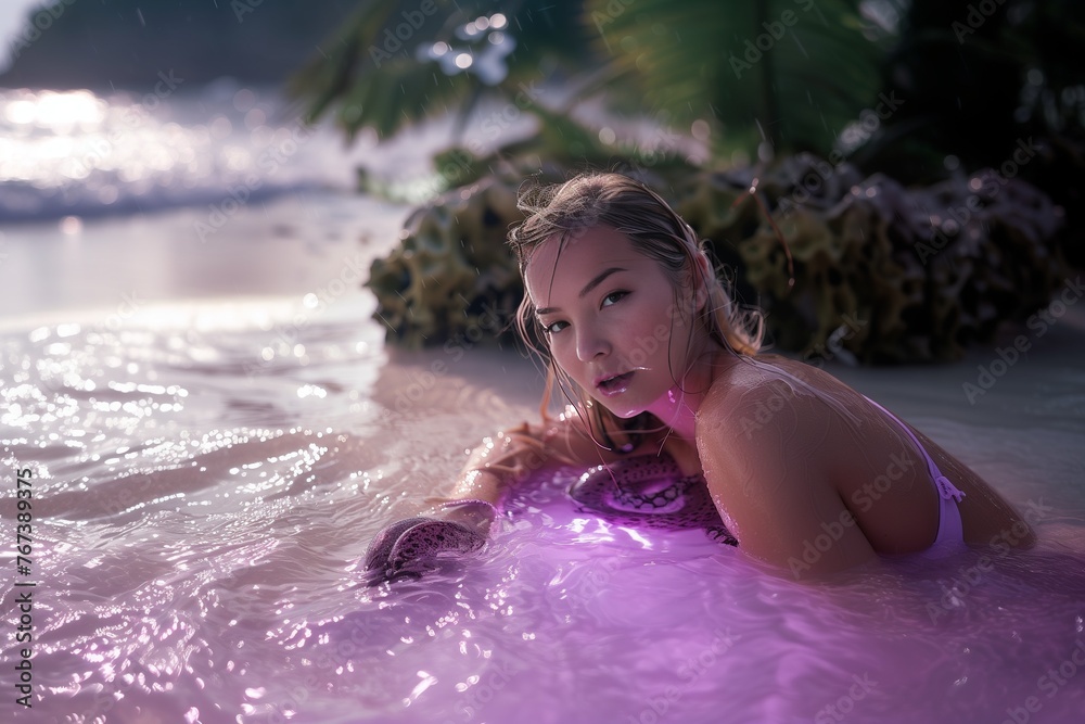 Fototapeta premium Paradise photography of a female model in the purple ocean, snakes around her, juxtaposition of light and shadow