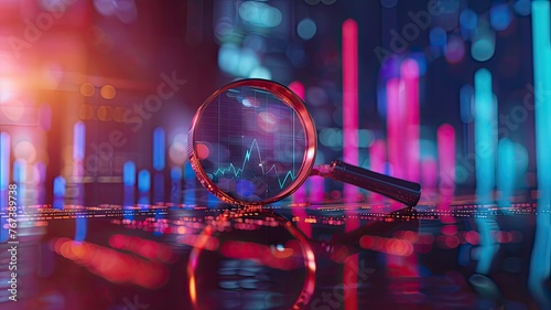 a magnifying glass hovering over business financial graphs and tables, symbolizing the concept of contest winners in data analysis.