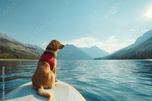 Golden Retriever on Kayak Admiring Mountain View © TinyUU