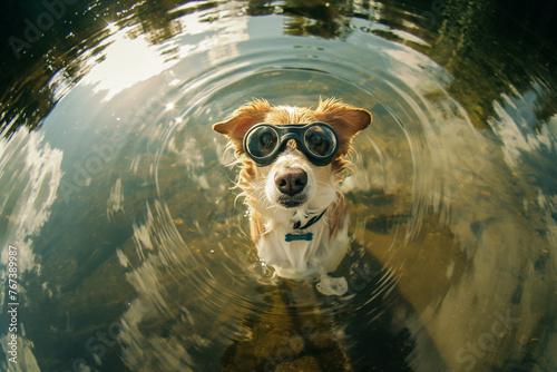 Dog with Goggles in Clear Water